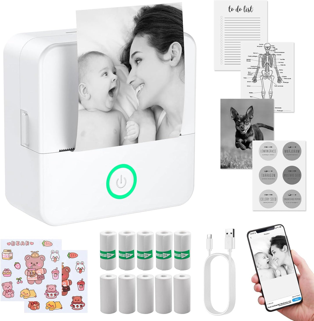 eSynic Tragbarer Mini-Drucker, kompatibel mit Android und iOS, Thermodrucker ohne Tinte oder Toner,