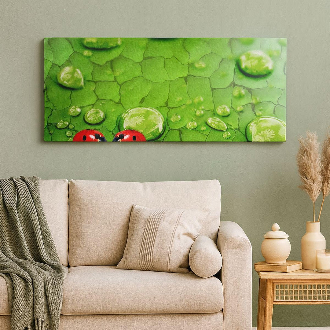 Panorama Bilder auf Leinwand 100x40cm Leinwandbild Marienkäfer Gras Blatt Tropfen Gross Wanddeko Bil