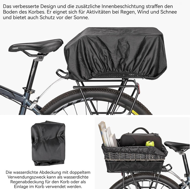 Fahrradkorb Hinten gross,25L Weave fahrradkörbe mitTragkraft bis 20 kg, Sockel aus Metall Schultasch