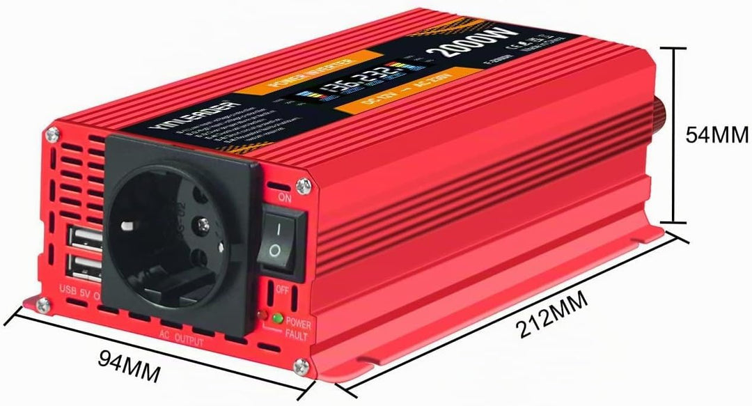 Yinleader Wechselrichter 12V 230V 1000W /2000W Spannungswandler LCD mit 1 Steckdose 2 USB Anschlüsse