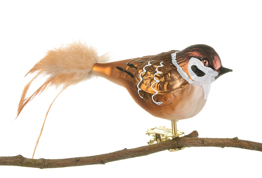 Glas-Vogel, Feldsperling mit Naturfeder, Glasschmuck Made in Germany aus eigener Herstellung, deko V