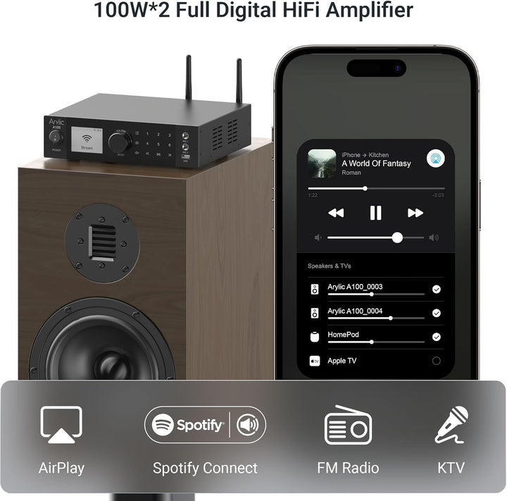 Arylic A100 Wireless Full Digital HiFi-Verstärker mit FM-Radio, 100 W × 2 WiFi- und Bluetooth-Audioe
