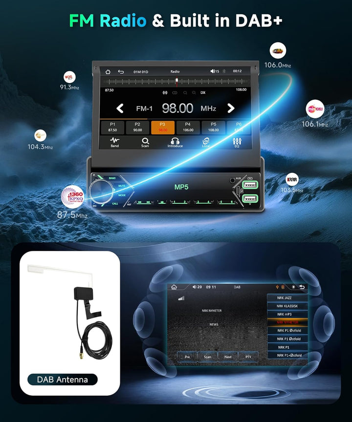 7 Zoll Flip Out 1 Din Autoradio mit DAB Wireless Carplay Android Auto, Podofo 1 Din Touchscreen Blue