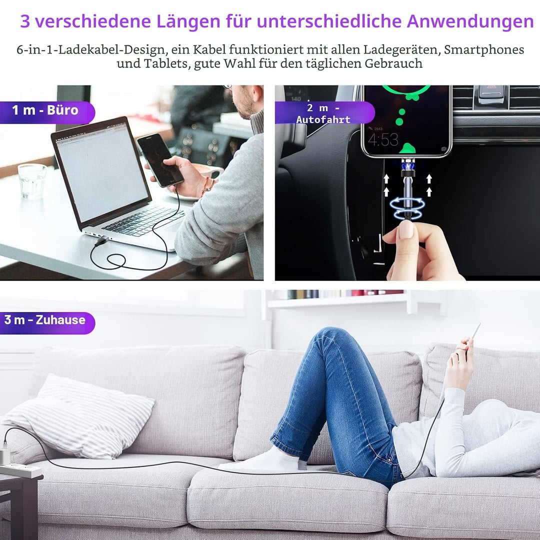 Magnetisches Ladekabel mit-Drehung, 3er-Pack [3ft/6ft/10ft], 3-in-1-Magnetladekabel, 3A-Schnellladek