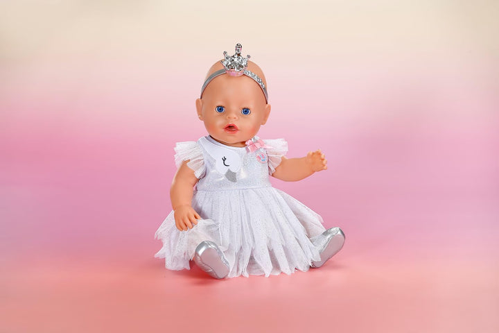 Baby Born Ballerina-Outfit mit Tüllkleid, silbernen Ballettschuhen und Haarreif mit Krone für 43cm P