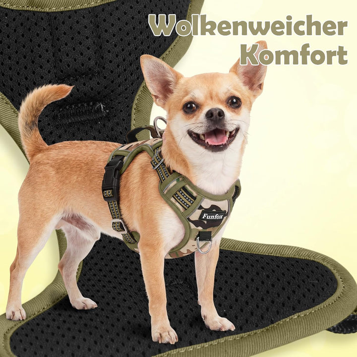 Funfox Hundegeschirr Kleine Hunde [L] - Anti Zug Welpengeschirr mit Griff &amp; Ringreflektoren, Atmungs