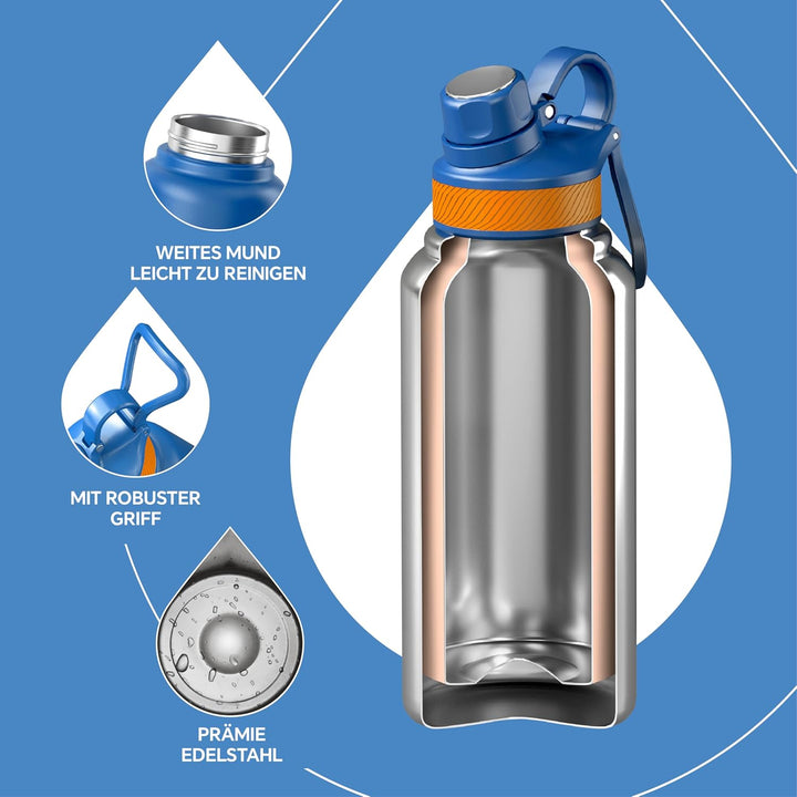 IDEUS Vakuumisolierte Wasserflasche, 32 Oz (950 ml) Edelstahl Doppelwand Flasche Metall Sport Kantin