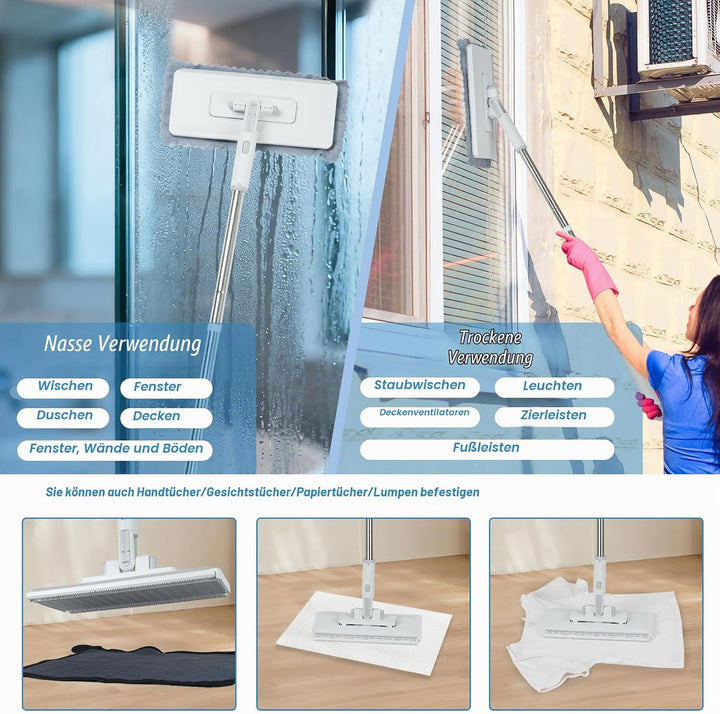 2-in-1 Wischmopp mit Druck-Klemm-System, 1-Knopf Wechsel Snap Grip Mini Mop mit 3 Mikrofasertücher,