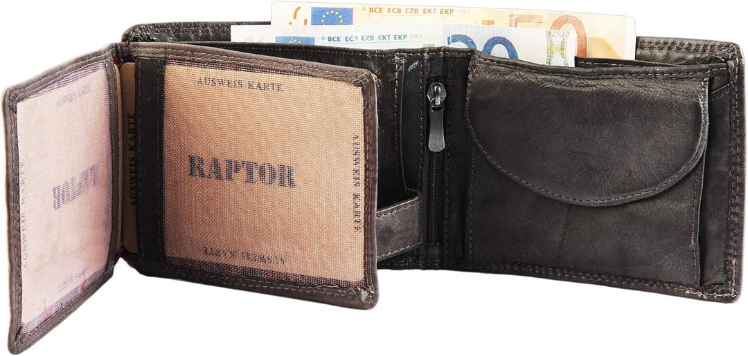 Raptor Herren-Geldbörse Echtleder Vintage Look 9x12cm Querformat RA40010 Taupe, Taupe
