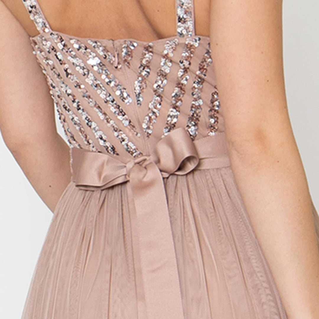 Maya Deluxe Damen Maxi Abendkleid Elegant für Hochzeit mit V-Ausschnitt Tüllkleid Schleife Brautjung