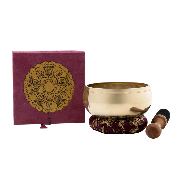 Klangschale mit Dhyani-Buddha-Relief in schöner Geschenk-Box aus nachhaltigem Naturpapier I Inkl. Kl