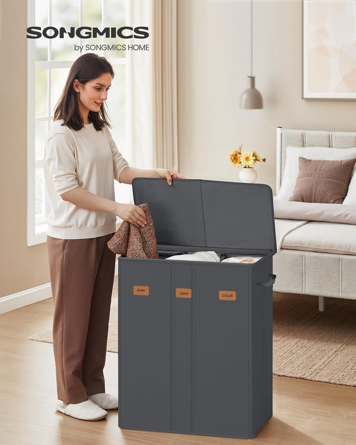 SONGMICS Wäschekorb mit 3 Fächern, 160 L, mit Deckel, 5 Etiketten, herausnehmbarer und waschbarer In