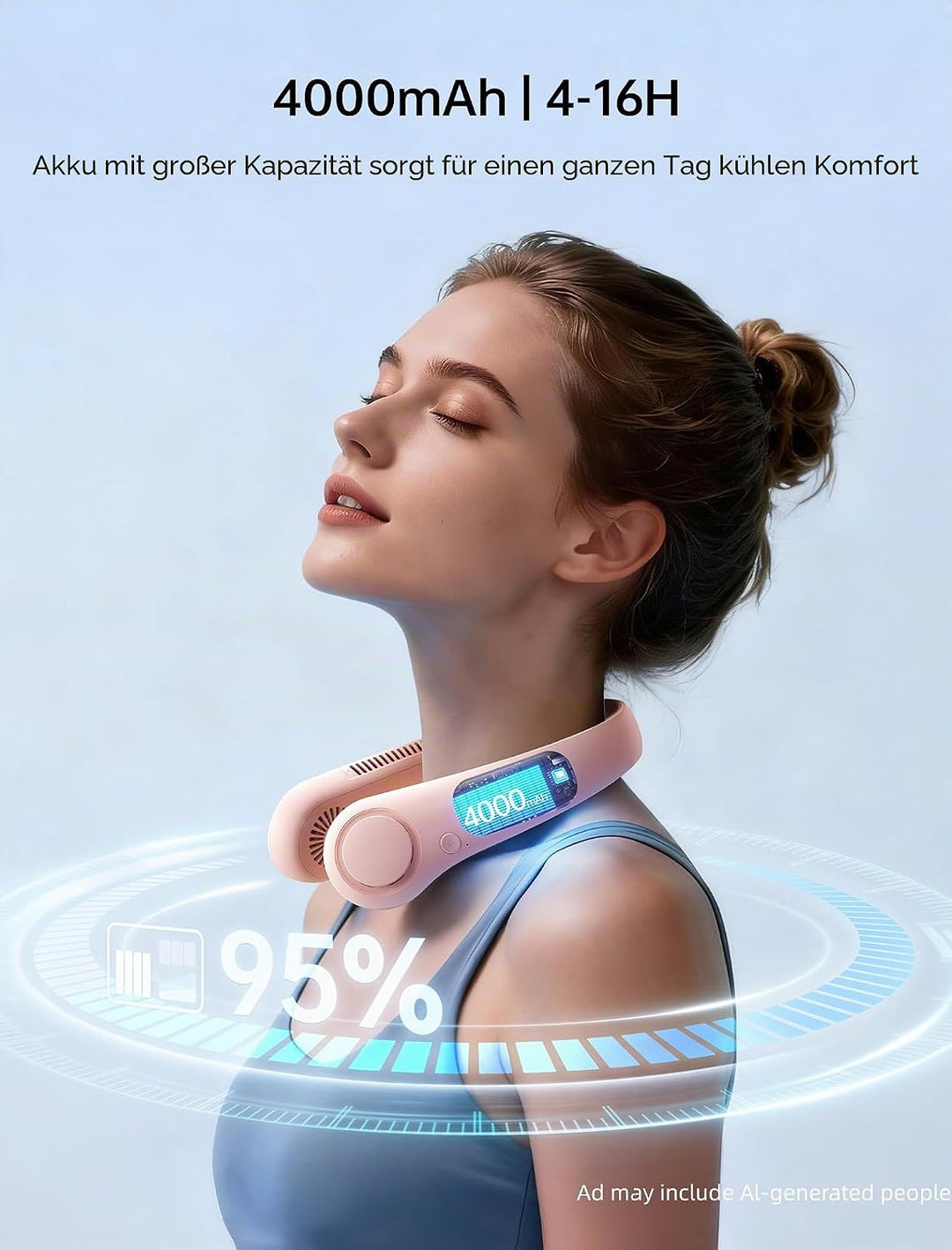 JISULIFE Tragbarer Nackenventilator, Hals-Ventilator ohne Flügel, 5 Geschwindigkeiten, 4000 mAh Batt