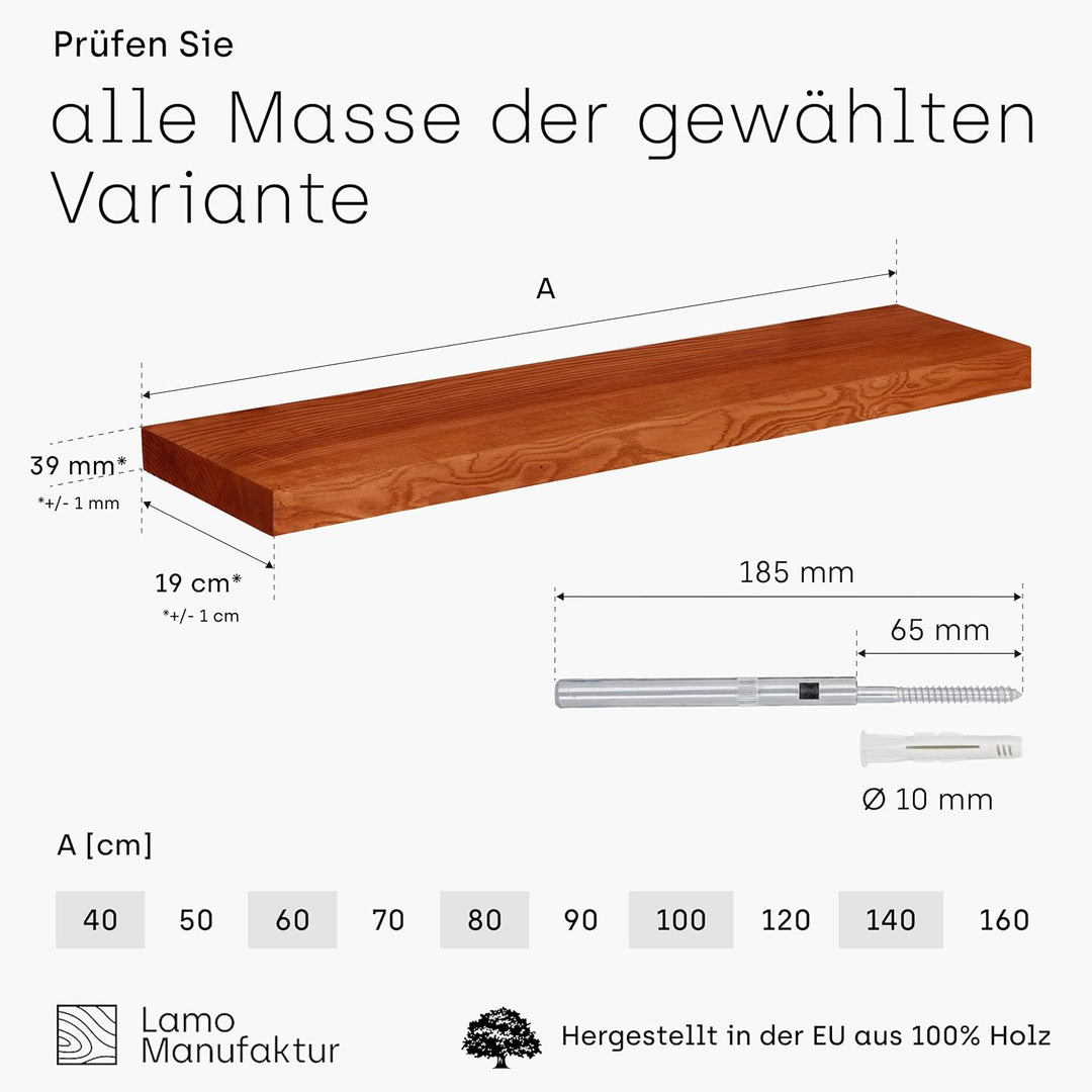 LAMO Manufaktur Wandregal Holz Gerade | Regal Farbe: Dunkel | Invisible: Schweberegal | 60 cm Invisi