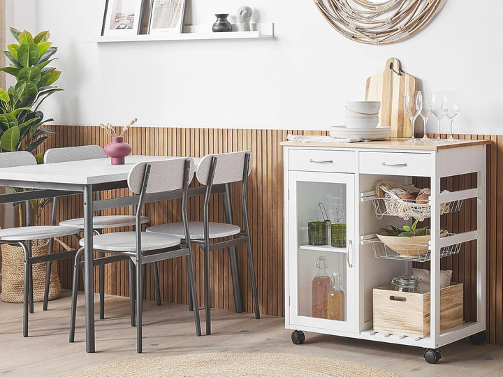 Beliani Servierwagen Holz weiss mit 2 Schubladen Schrank 2 Metallkörben Rollen Boves