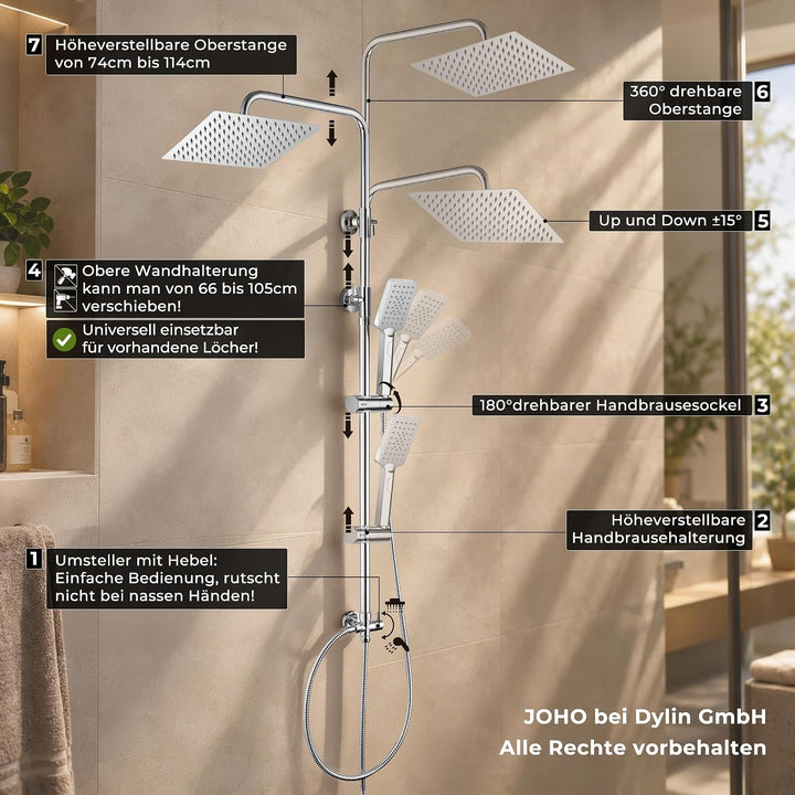 JOHO Duschset ohne Armatur, Chrom Duschstangeset Duschsäuleset, Regendusche Duschsystem mit Duschkop