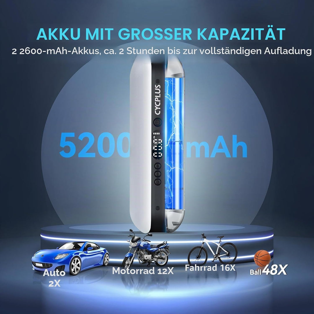 CYCPLUS Luftpumpe I50PSI Elektrischer Kompressor Tragbar Fahrradpumpe Mini Reifenpumpe mit Digital L