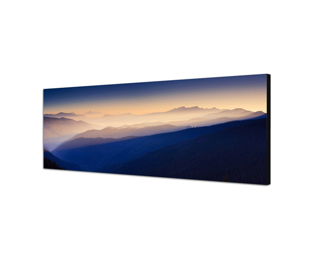 Augenblicke Wandbilder Leinwandbild als Panorama in 150x50cm Sonnenaufgang Landschaft Berge Nebel