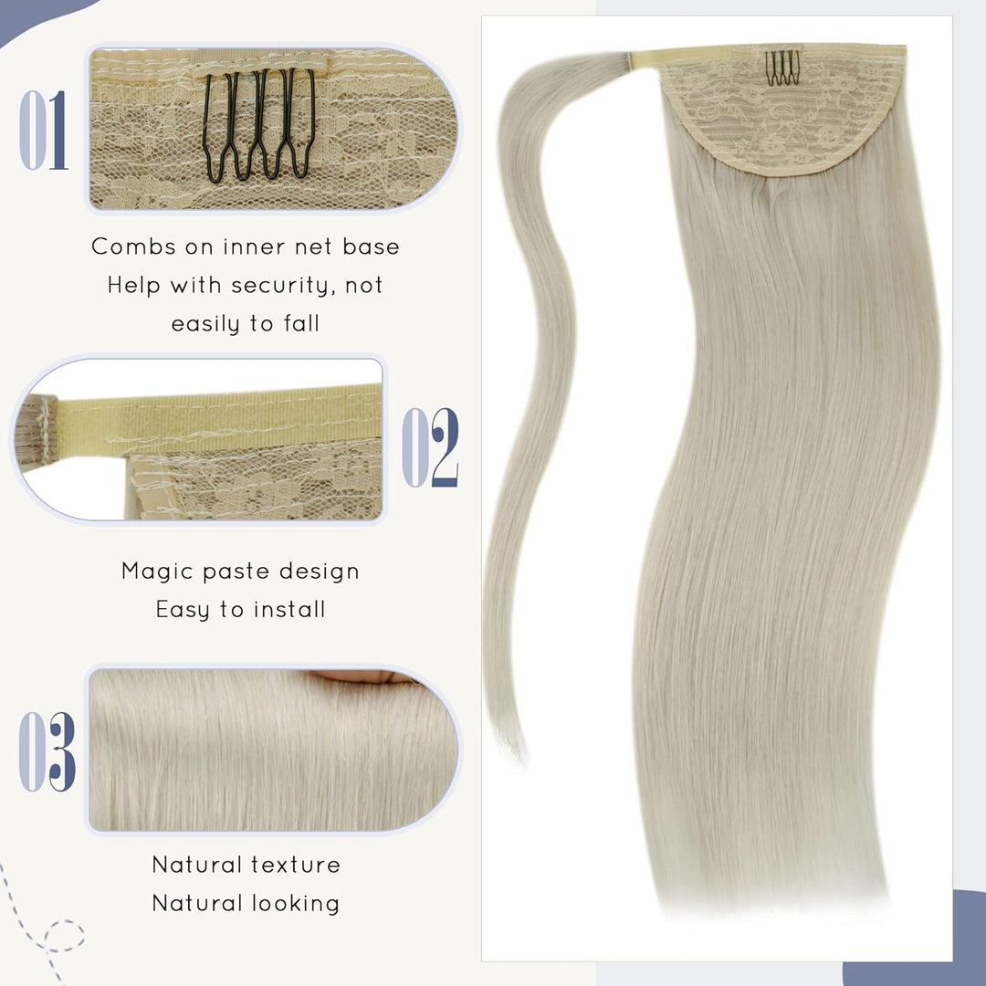 LaaVoo Ponytail Extensions Echthaar Blond 30cm Zopf Haarverlängerung Remy Human Hair Glatt #60 Plati