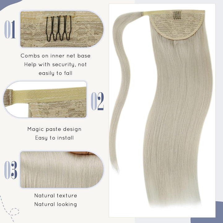 LaaVoo Ponytail Extensions Echthaar Blond 30cm Zopf Haarverlängerung Remy Human Hair Glatt #60 Plati