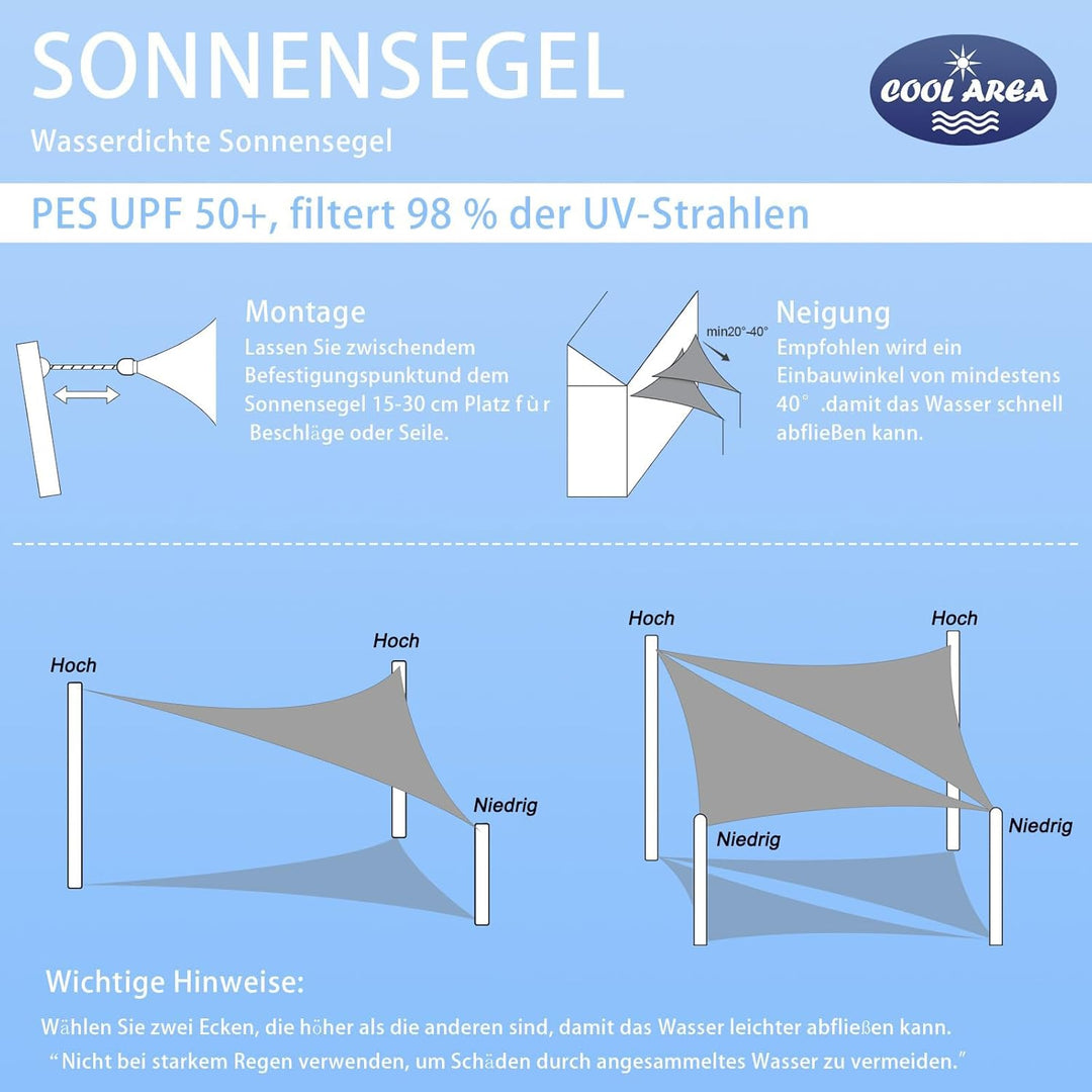 COOL AREA Sonnensegel Wasserdichtes Rechteck 3.5x3.5x3.5m UV-Block Wetterbeständig für Terrasse Gart