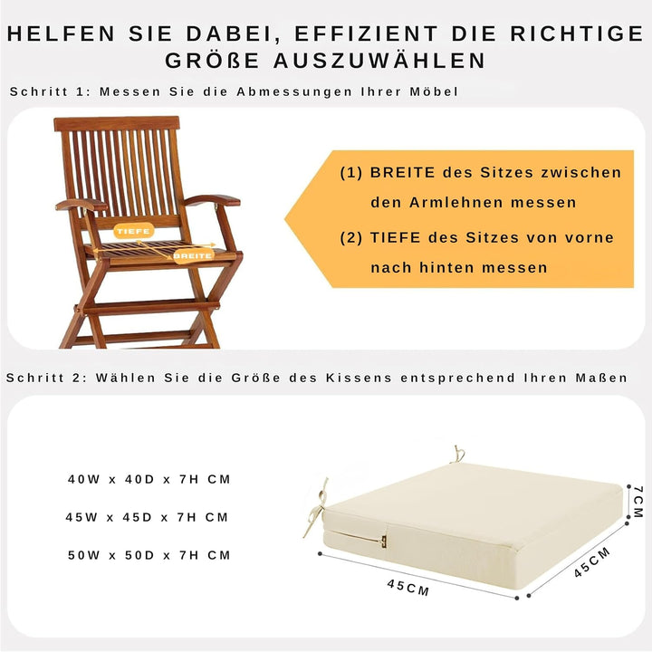 Outdoor Stuhlkissen 45x45, 2er Set mit Bändern, Creme | Wasserdichtes Sitzkissen mit Weicher Schaums