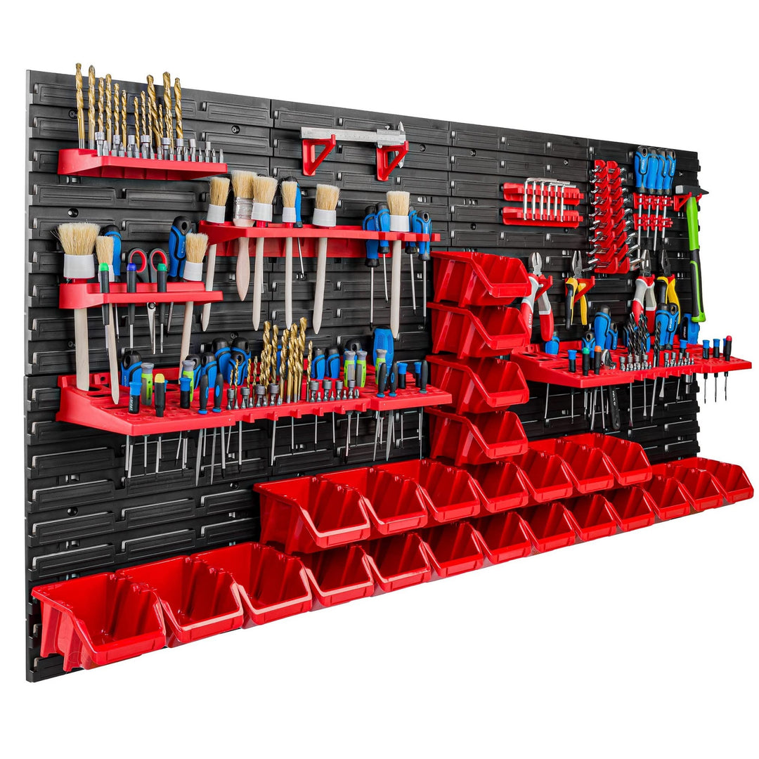 Lagersystem Werkstattregal | 156 x 78 cm | 24 stck. Box | Wandregal mit Werkzeughalterungen und Stap