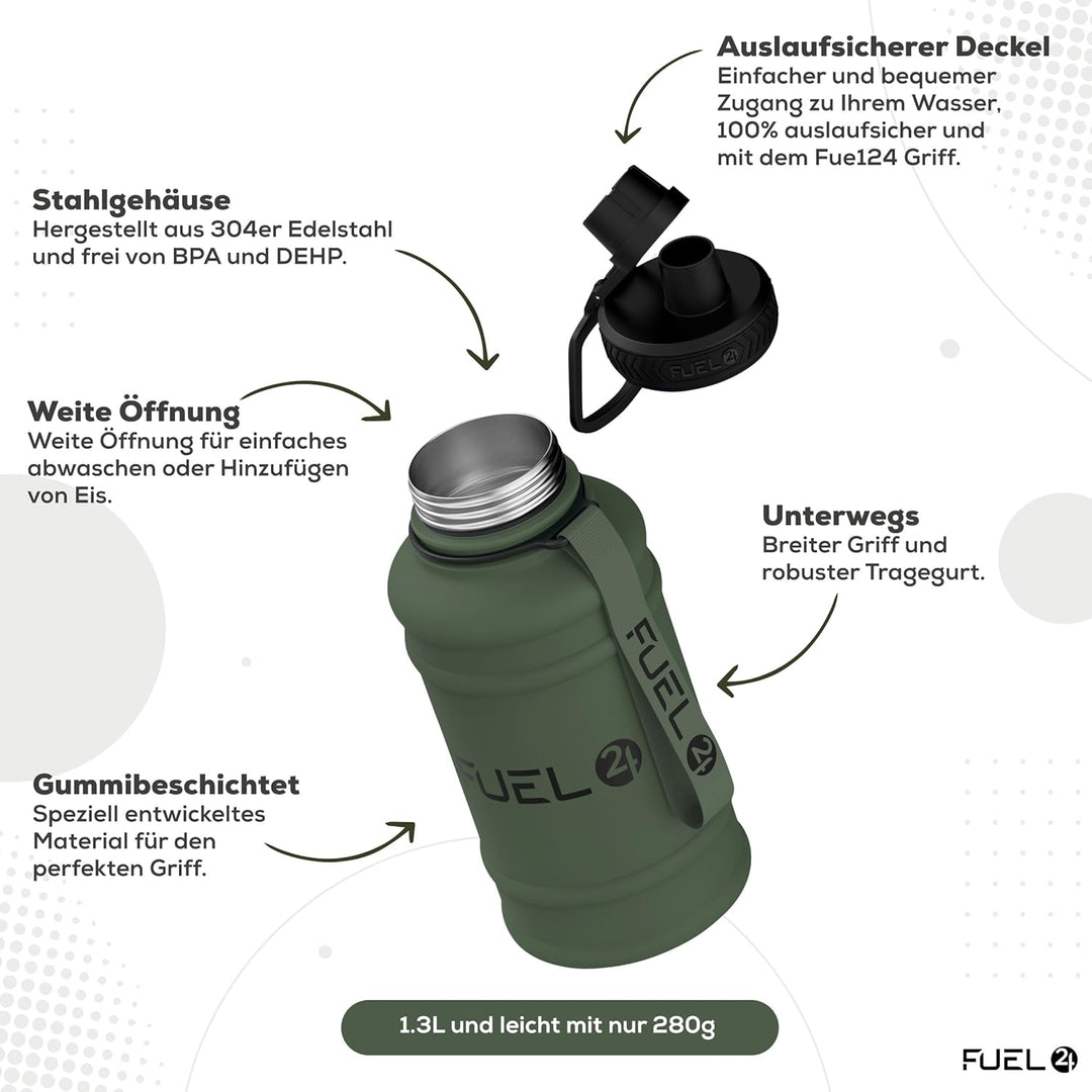 Fuel24 Extra Stark Trinkflasche Edelstahl Metall 1.3L & 2.2L - Auslaufsicher & BPA-Frei Wasserflasch