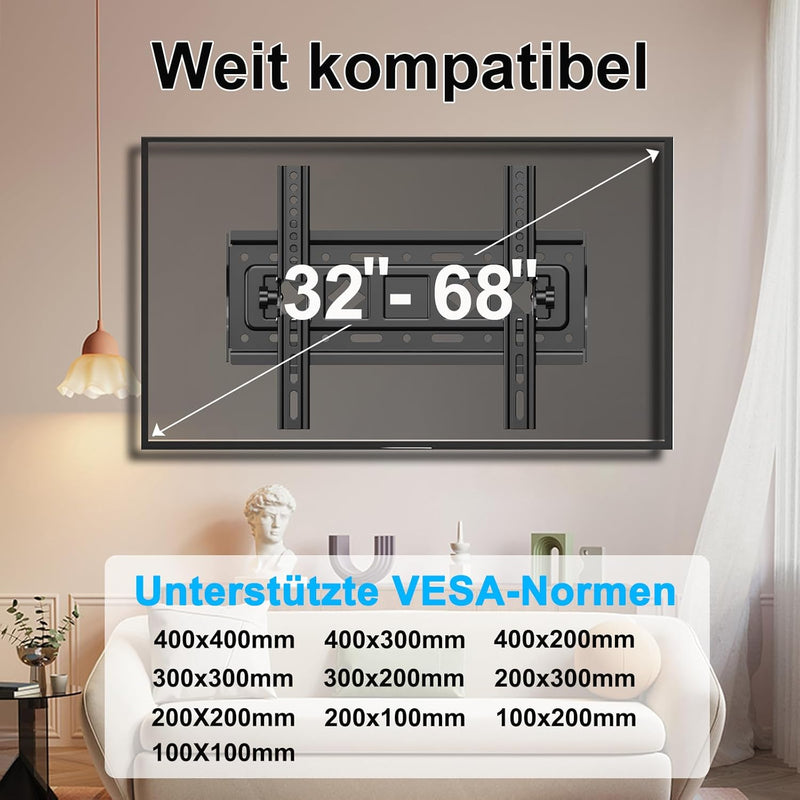 JXMTSPW TV Wandhalterung für 32-68 Zoll Flach&Curved Fernseher Monitoren bis zu 60kg, Max.VESA 400x4