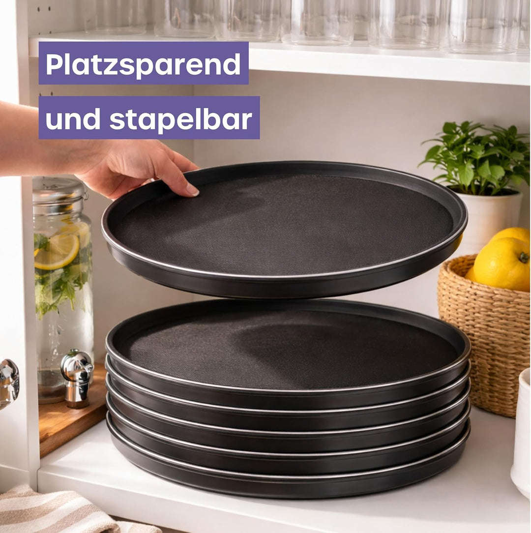 volila Rutschfestes Schwarzes Tablett Serviertablett Rund (4 STK. à 28 cm) - Rundes Tablett Ideal al