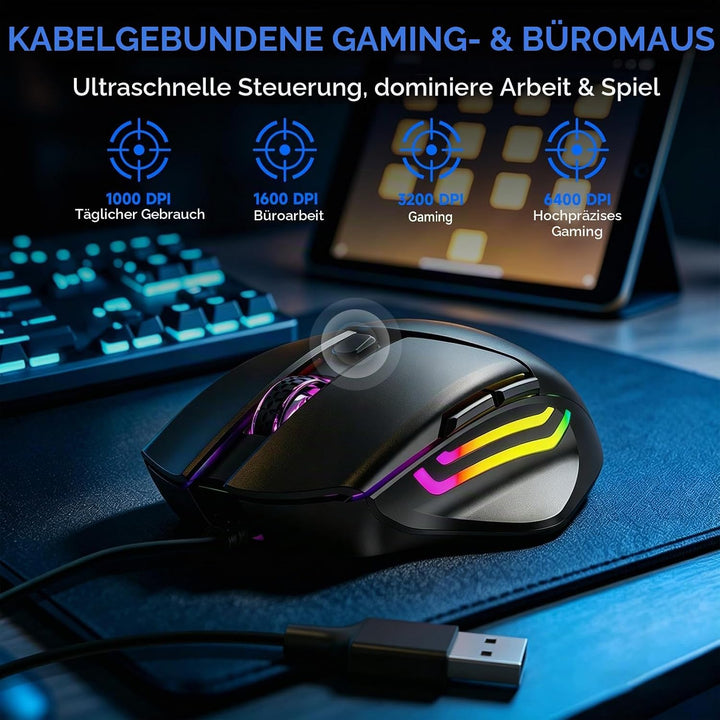 QWERTZ Kabelgebundenes Tastatur Maus Set, USB Full-Size Tastatur mit RGB LED Beleuchtung, leise Memb