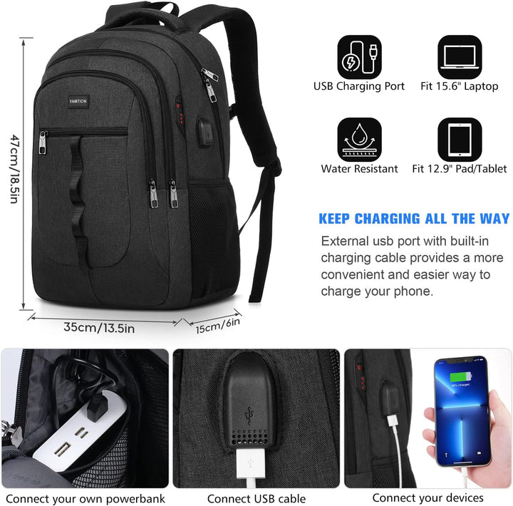 YAMTION Schwarz Rucksack Herren und Damen,Unisex Schulrucksack Teenager für Jungen Mädchen Laptop Ru