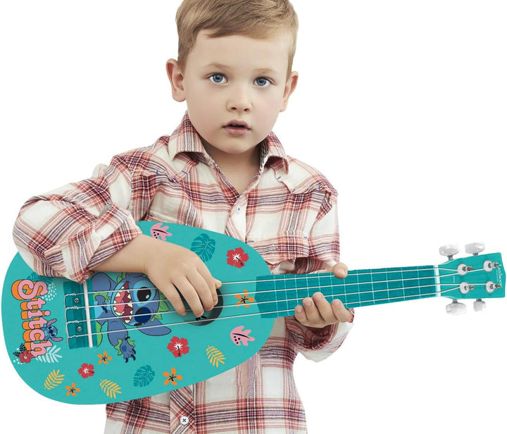Lexibook, Disney Stitch, Meine erste Holz-Ukulele, 4 Nylonsaiten, 53 cm, inklusive Anleitung, Blau,
