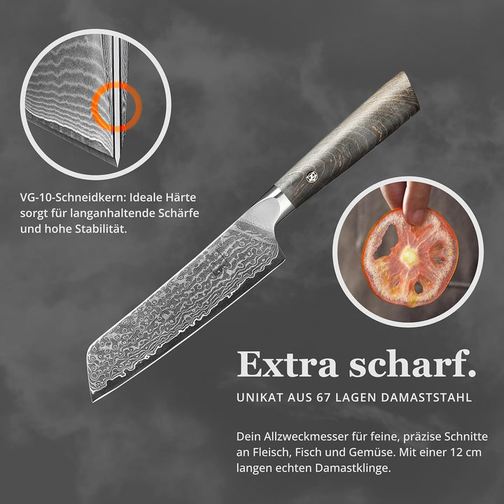 zayiko Professional Series – Premium Allzweckmesser 12 cm Klinge, 67 Lagen echtem Damaststahl, Ahorn