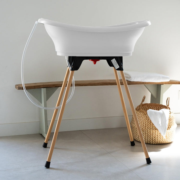 THERMOBABY - Babybadewanne-Set – Vasco – Badewanne, Fuss aus Holz & Ablaufschlauch – patentierte Inn