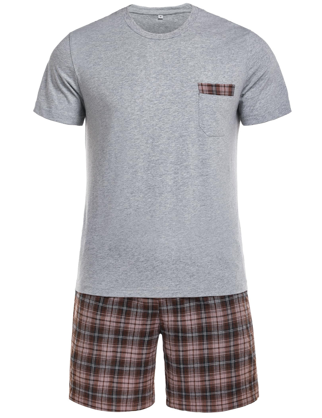 Schlafanzug Herren Kurz Pyjama Set aus Baumwolle Kurzarm Nachtwäsche mit Karierter Hose und Brusttas