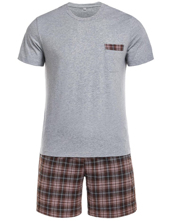 Schlafanzug Herren Kurz Pyjama Set aus Baumwolle Kurzarm Nachtwäsche mit Karierter Hose und Brusttas
