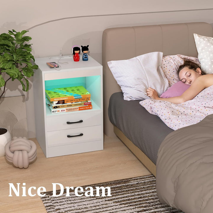 PIPIPOXER 2er Set Nachttisch mit Steckdose & USB, Nachttisch Weiss Nachtschrank Hochglanz Nachtkommo