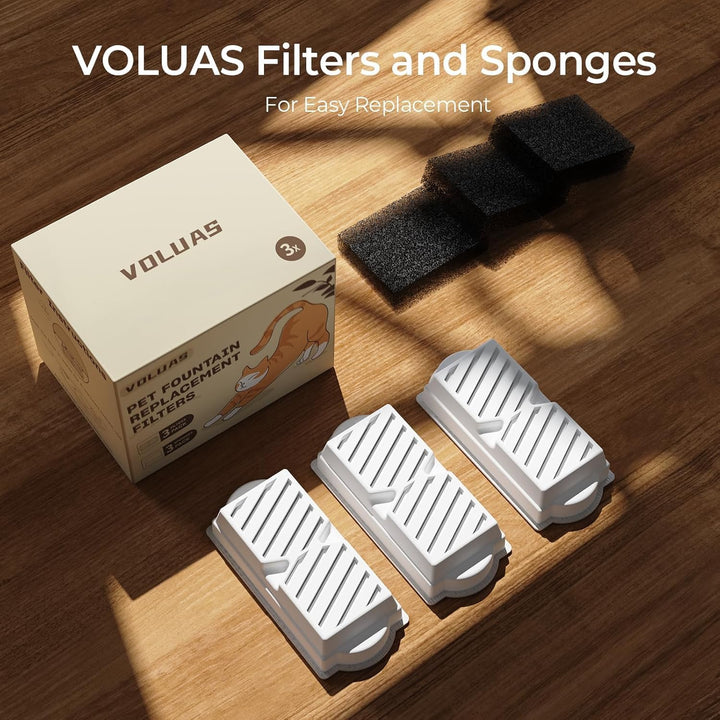 Voluas Filter für Katzenbrunnen – 9 Aktivkohlefilter + 9 Vorfilterschwämme – Kompatibel mit 2,2L Ker