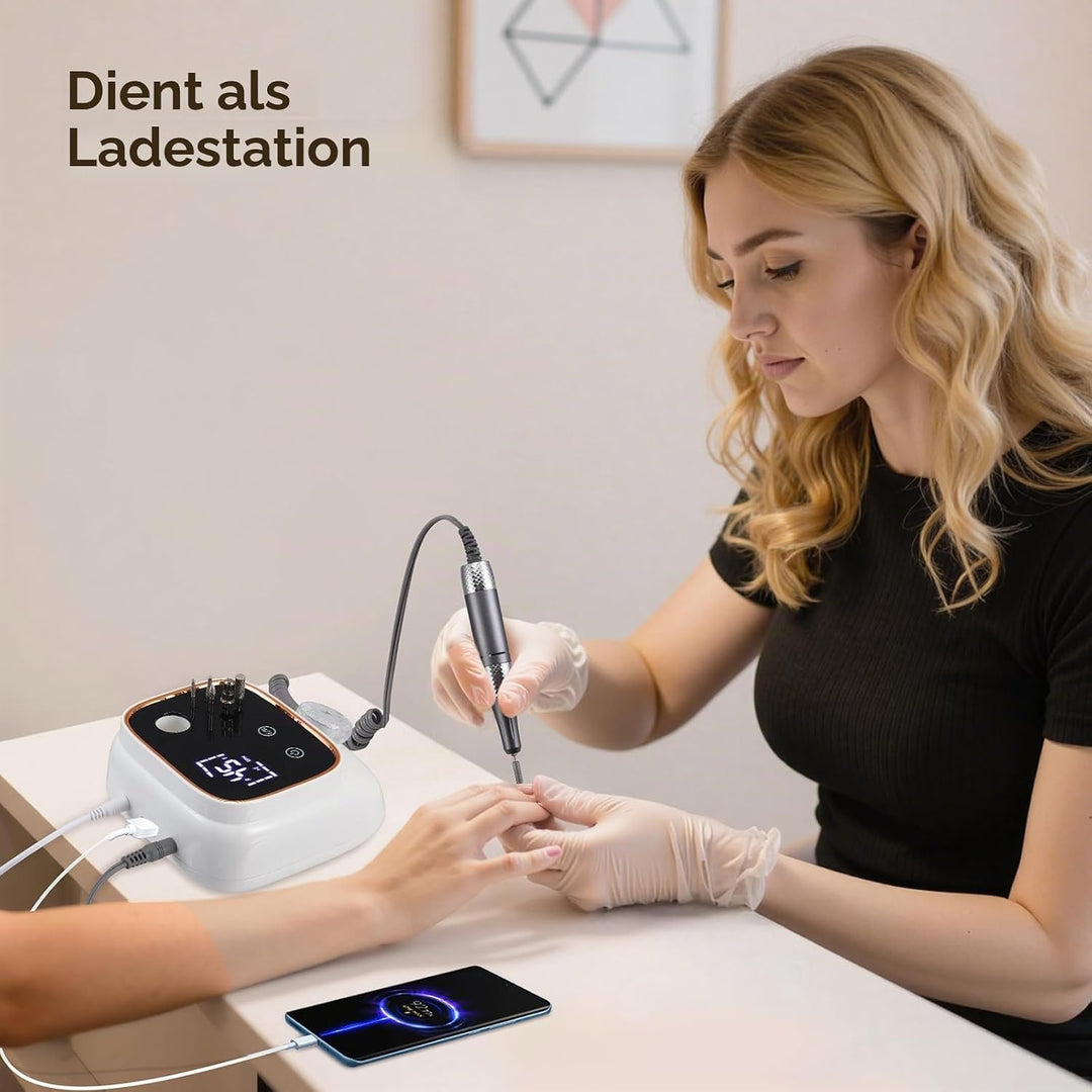 Elektrische Nagelfräse mit 45.000 U/min – LCD Display, 56 Schleifbänder, 11 Bohrer, USB-Ladestation,