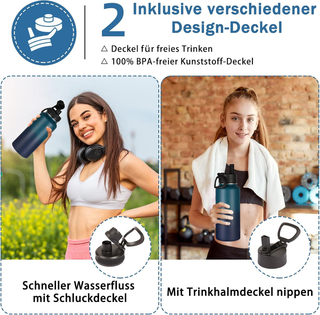 Volhoply 1 Liter Trinkflasche Edelstahl mit Strohhalm,Doppelwandig Vakuum Isolierte Thermosflasche m