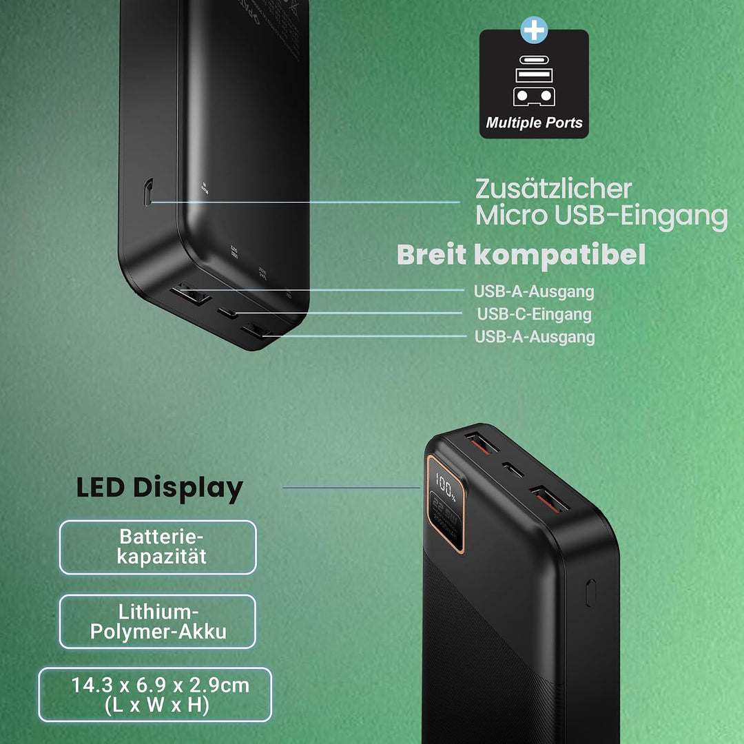 PATONA Premium Powerbank 20.000mAh PD 22.5W | 74Wh Power Bank mit Li-Polymer Batterie | Schnellladun