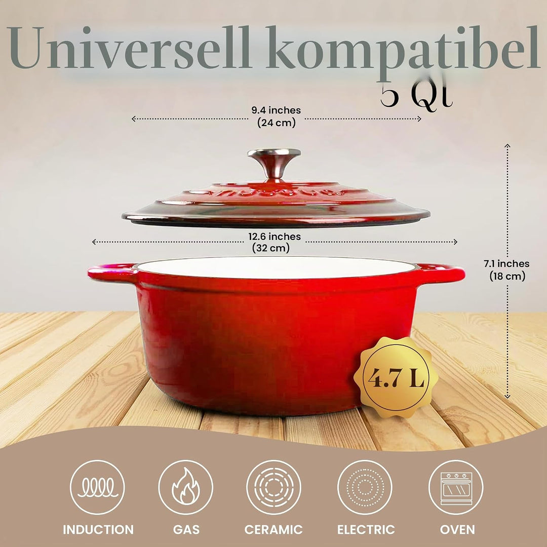 Gusseisen-Topf mit Deckel – Emaille-Schmortopf mit Antihaft, Ofenfest bis 260°C – Robuster Dutch Ove