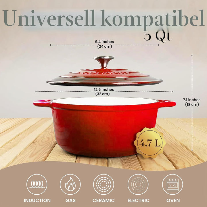 Gusseisen-Topf mit Deckel – Emaille-Schmortopf mit Antihaft, Ofenfest bis 260°C – Robuster Dutch Ove