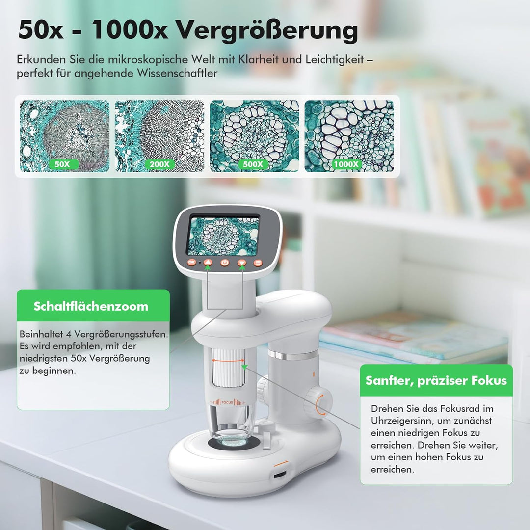 Mikroskop für Kinder 1000x Zoom Microscope 2" LCD Bildschirm Digitalmikroskop Tragbar Kindermikrosko