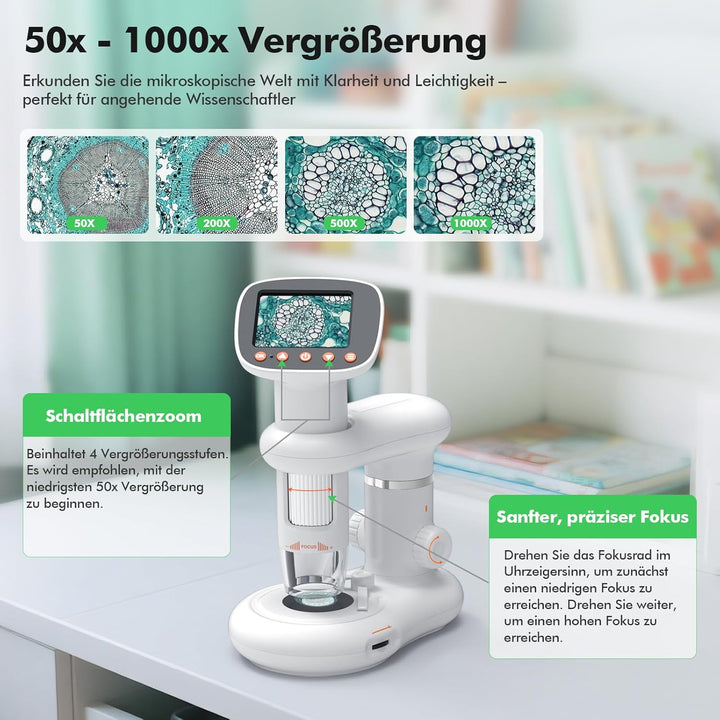 Mikroskop für Kinder 1000x Zoom Microscope 2" LCD Bildschirm Digitalmikroskop Tragbar Kindermikrosko