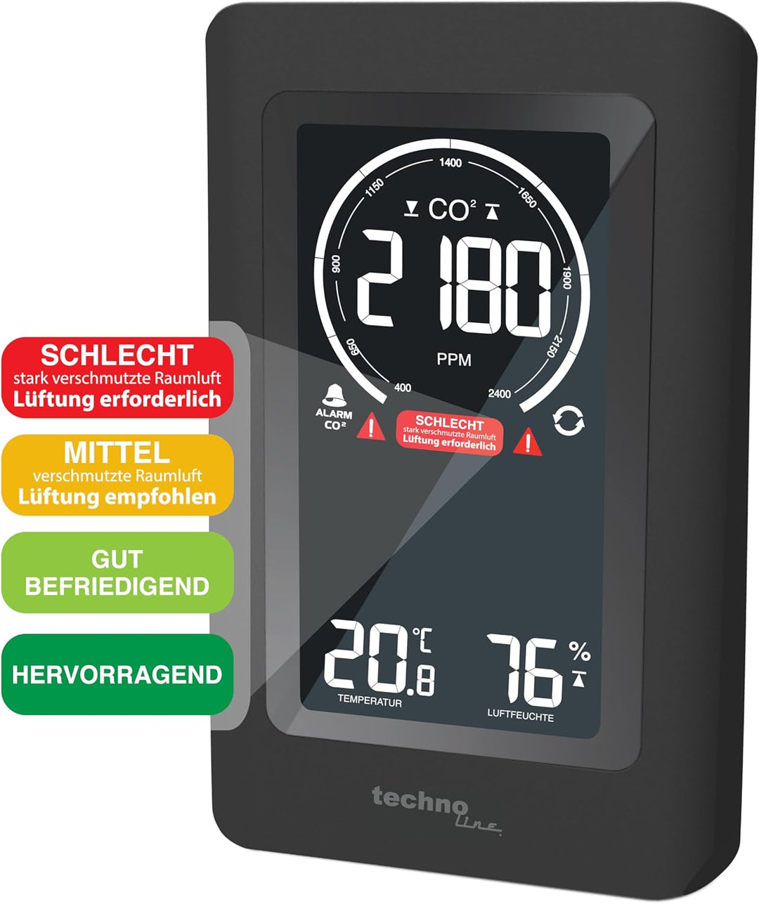 Technoline Co2 Messgerät WL1030, CO2-Anzeige, CO2-Ampel mit grafischen Lüftungsempfehlungen, NDIR, S