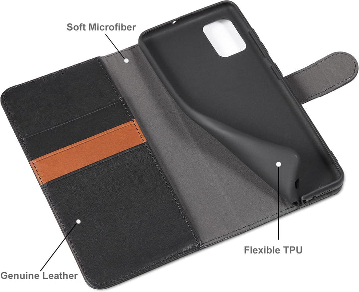 LENSUN Echtleder Hülle für Samsung Galaxy A51 4G, Handyhülle [Echtes Leder] [Magnetverschluss] [RFID