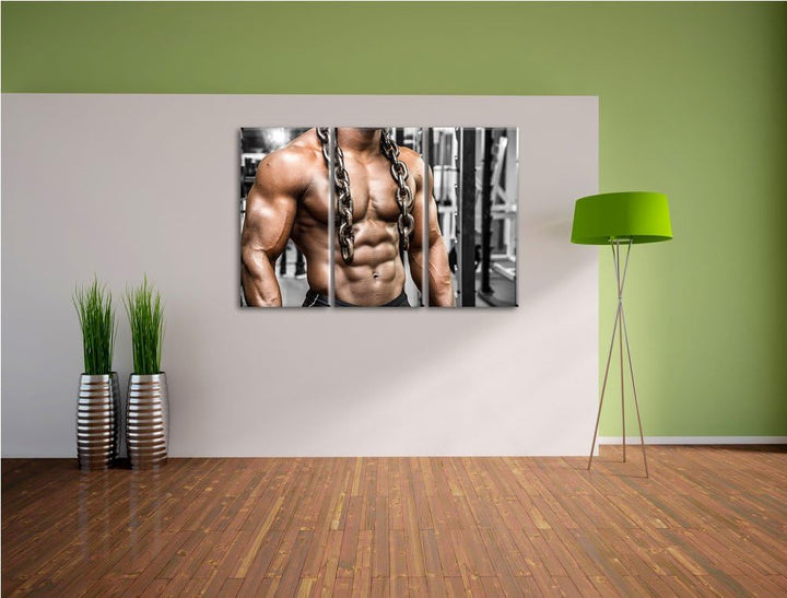 Muskelpaket mit Kette schwarz/weiss 3-Teiler Leinwandbild 120x80 Bild auf Leinwand, XXL riesige Bild