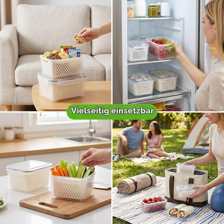 5er Set Frischhaltedosen Kunststoff für Obst Gemüse mit Deckel und Sieb | Stapelbare Kühlschrank Auf